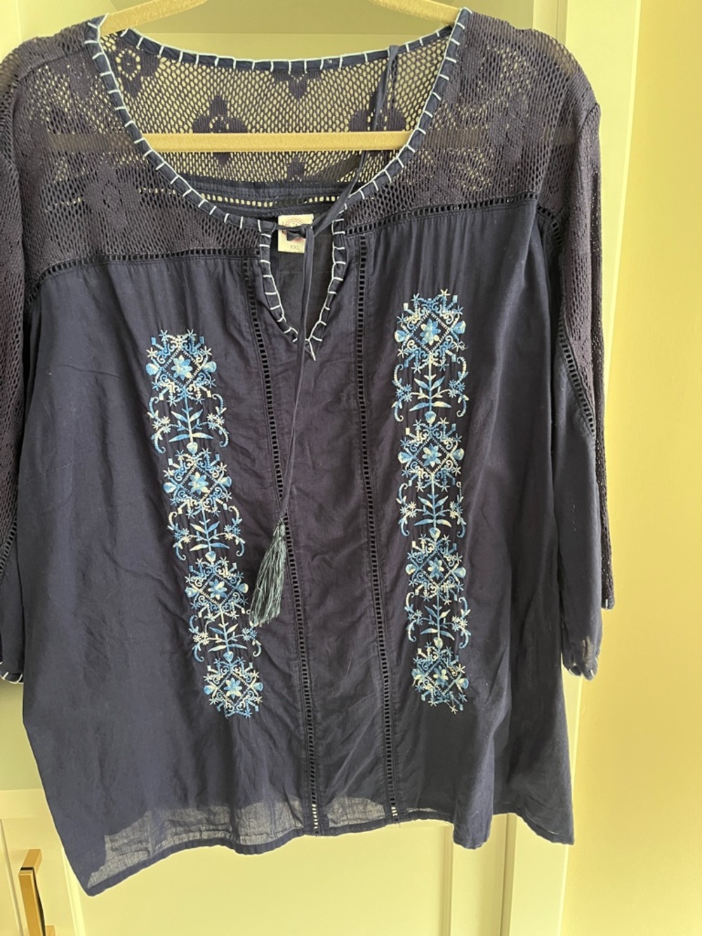 Embroidered Navy Peasant Blouse with Lace Yoke